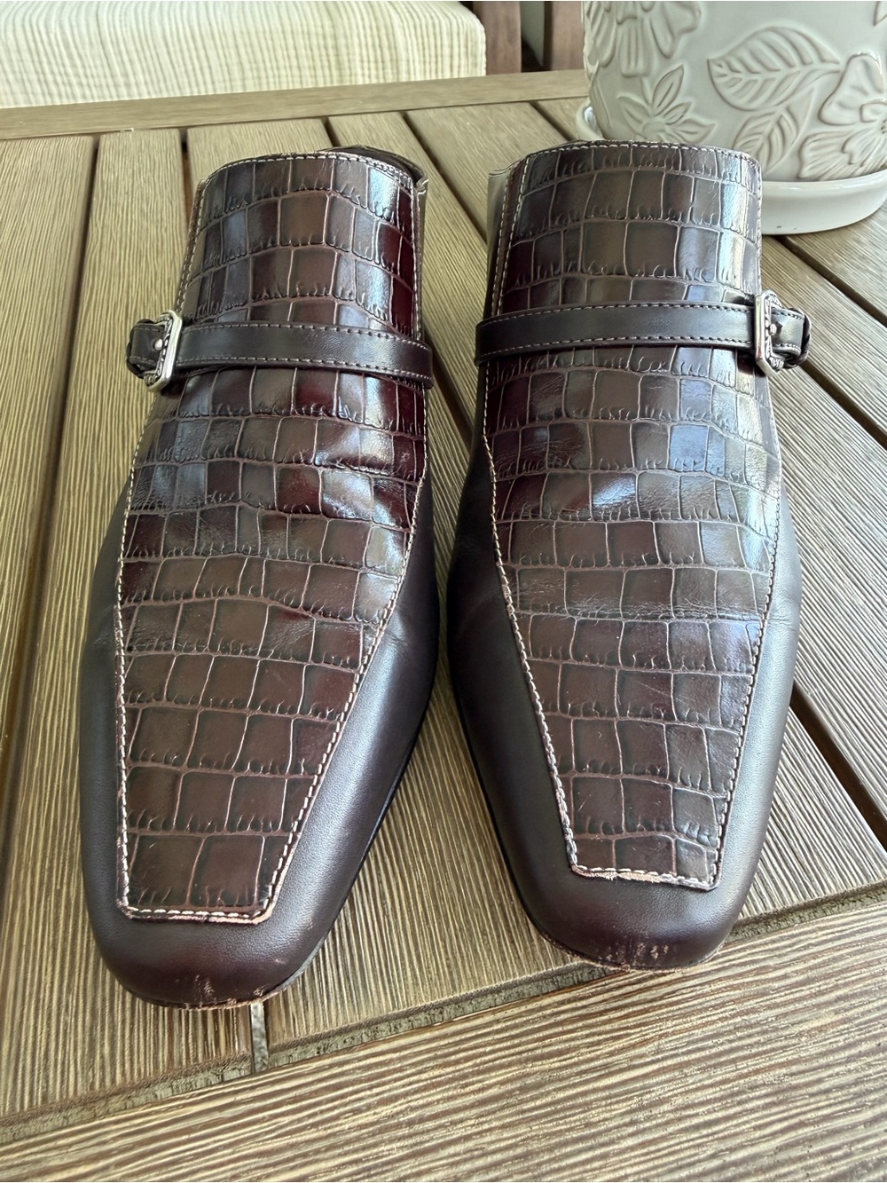 Brighton Tiana Brown Leather Croc Embossed Mule Heels Buckle Loafers Size 8M - Picture 4 of 12